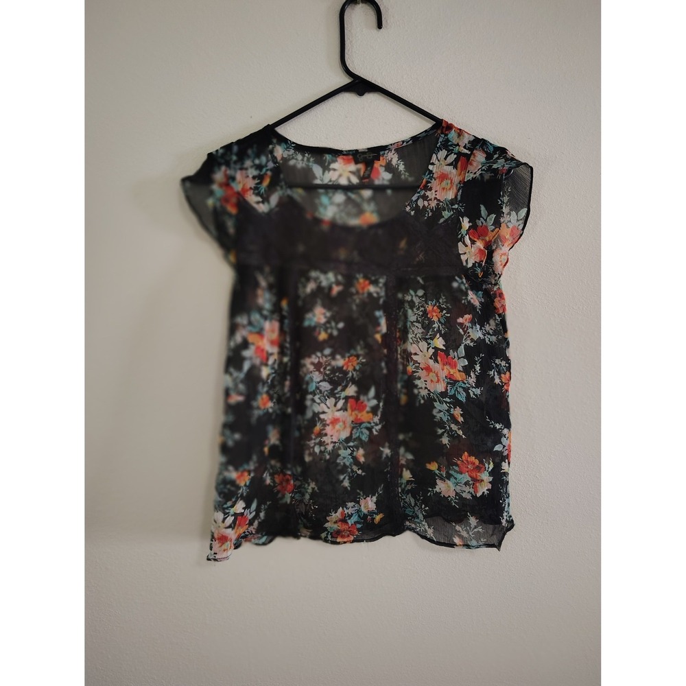 Jessica Simpson Womens Black Floral Lace‎ Trim Chiffon Cap Sleeve Blouse Size M